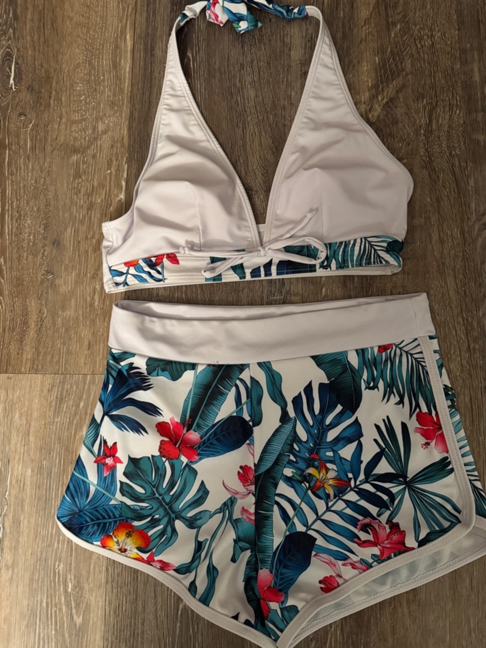 SHEIN White Tropical Print Halter Bikini Top and High-Waist Shorts